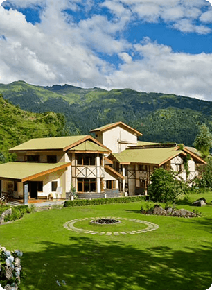 Green resorts perched on the hillside.